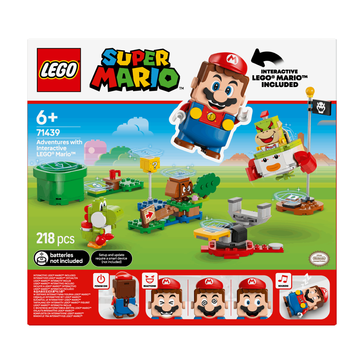 Een Lego Super Mario doos met verschillende personages en elementen en een Mario-figuur erop.