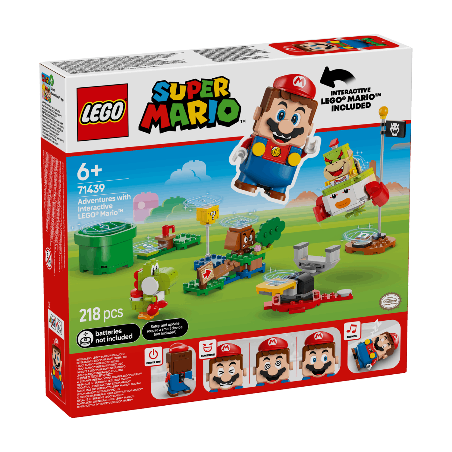 Een Lego Super Mario doos met verschillende personages en elementen, waaronder Mario- en Yoshi-figuren.