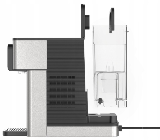 Widok z boku dystrybutora wody Philips, pokazujący zbiornik na wodę i elementy wewnętrzne.