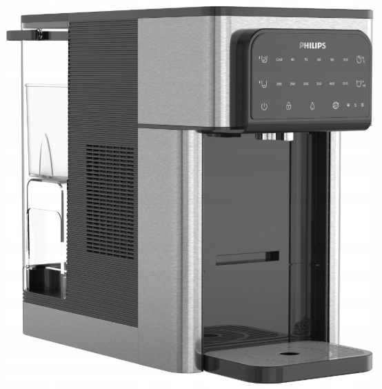 Dystrybutor wody Philips w czarno-srebrnej obudowie, widok pod kątem.