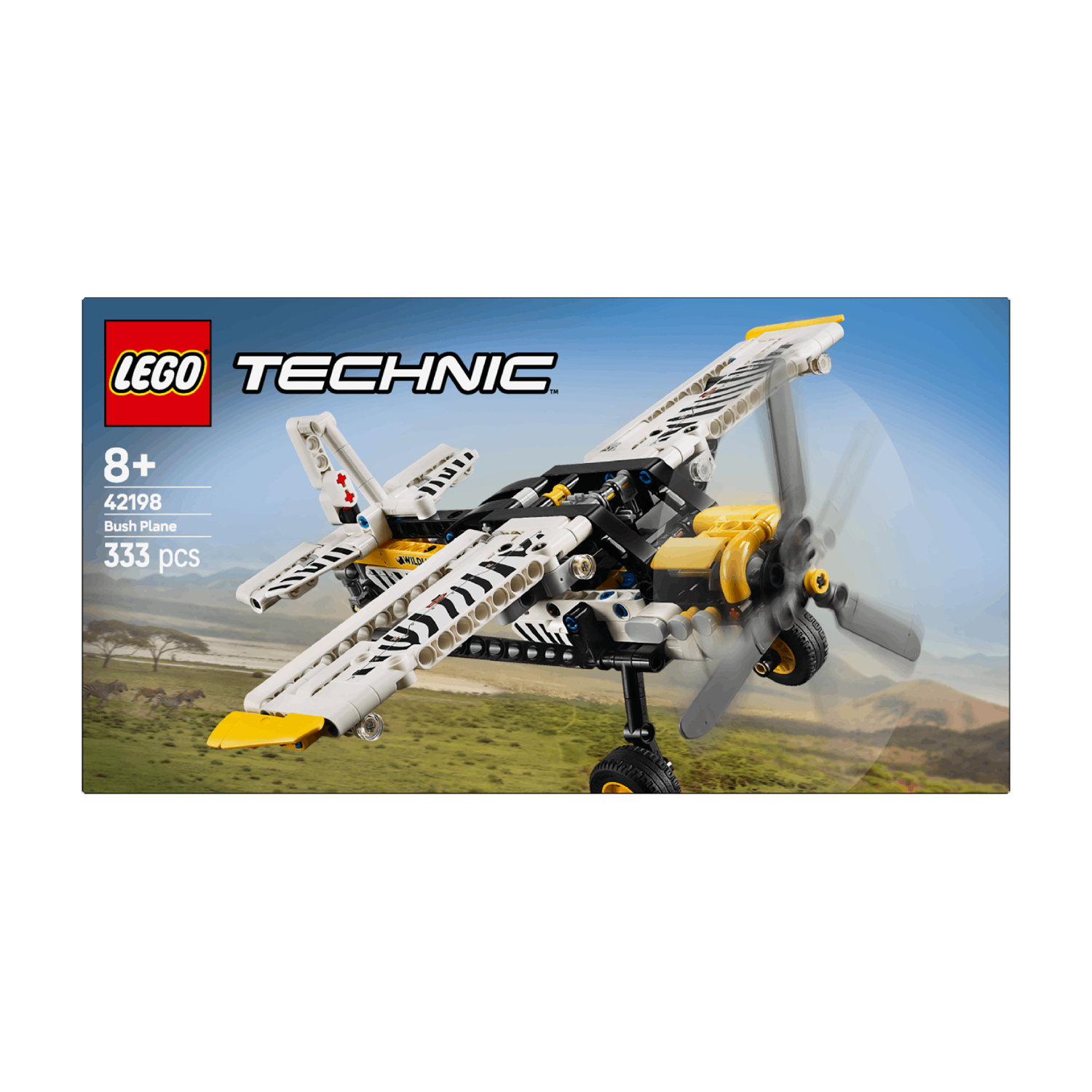 Een Lego Technic doos met een wit en geel vliegtuig.