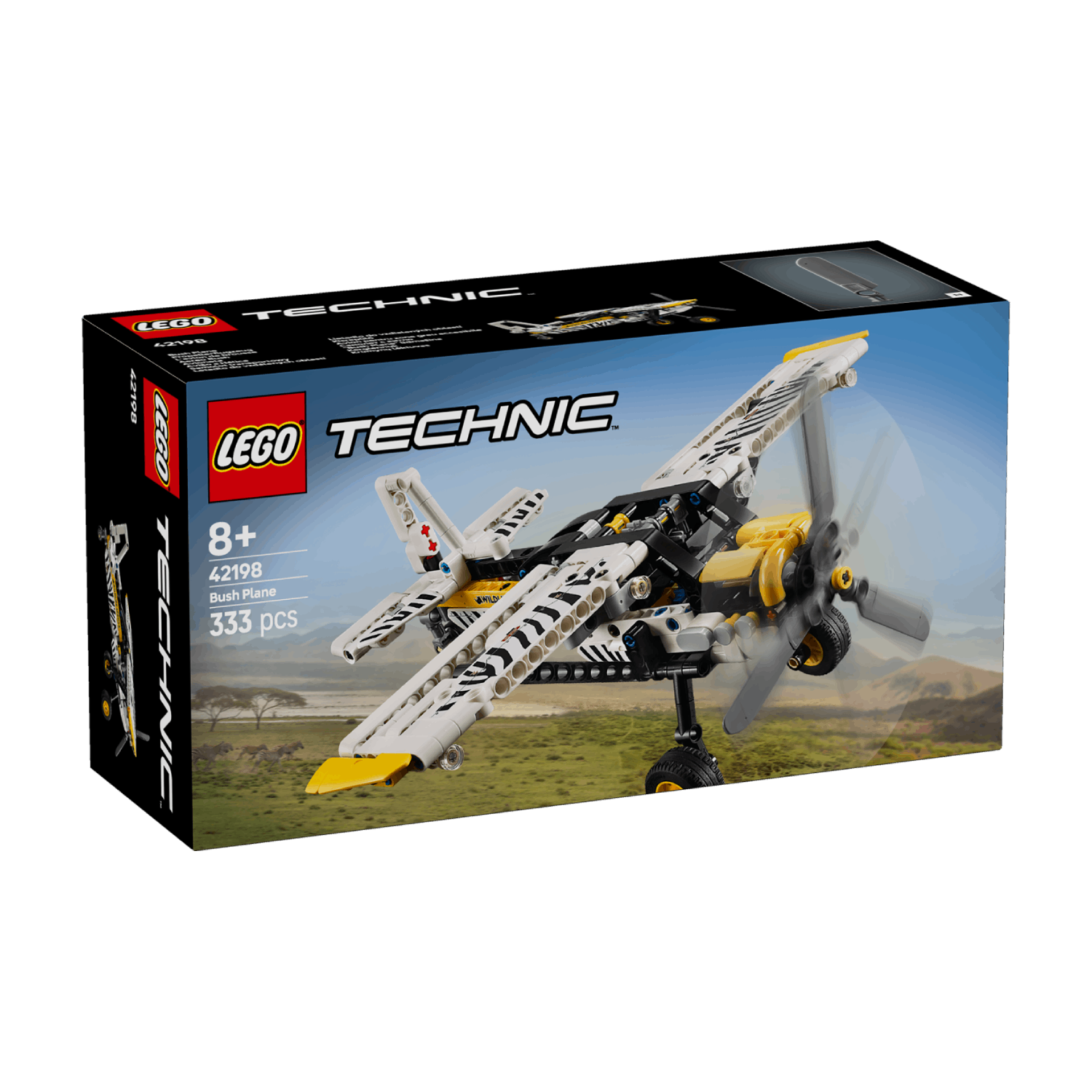Een Lego Technic doos met een wit en geel vliegtuig.
