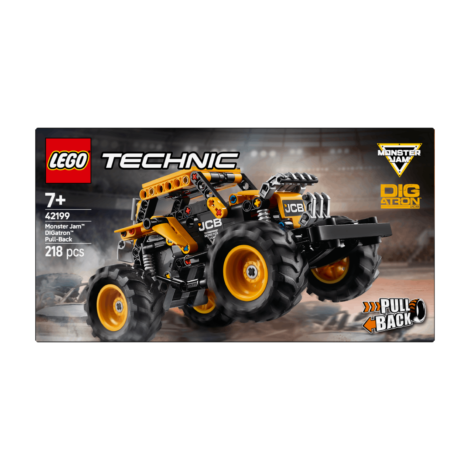 Box of a yellow and black toy monster truck. White background.