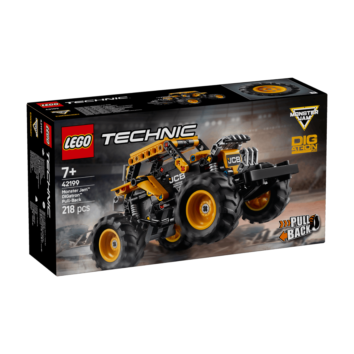 Box of a yellow and black toy monster truck. Angled view, white background.