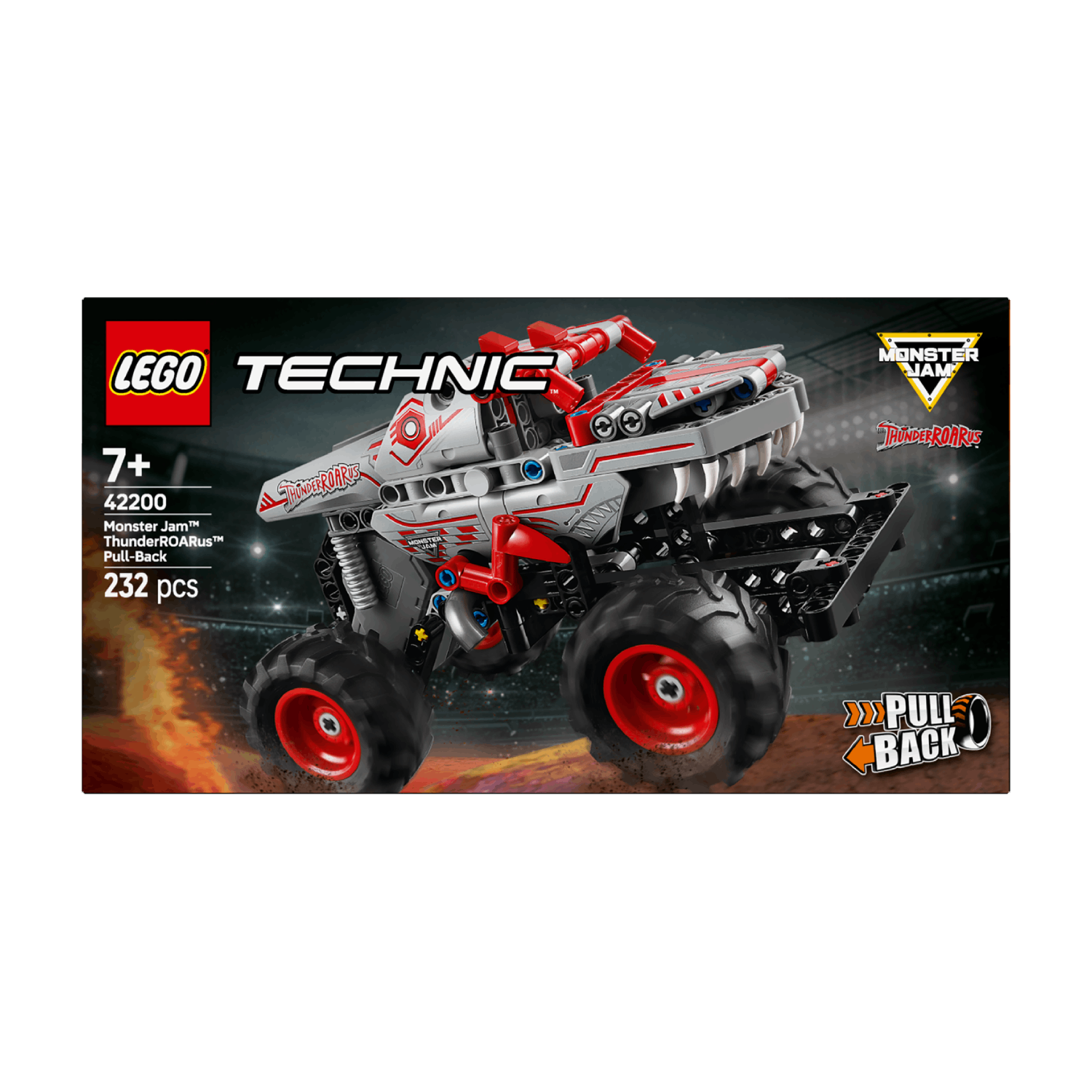 Box of a gray and red toy monster truck. White background.
