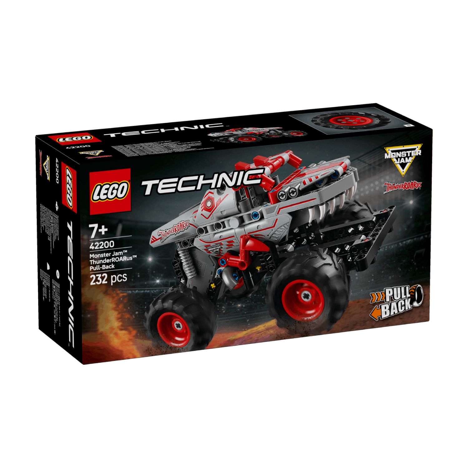 Box of a gray and red toy monster truck, angled view. White background.