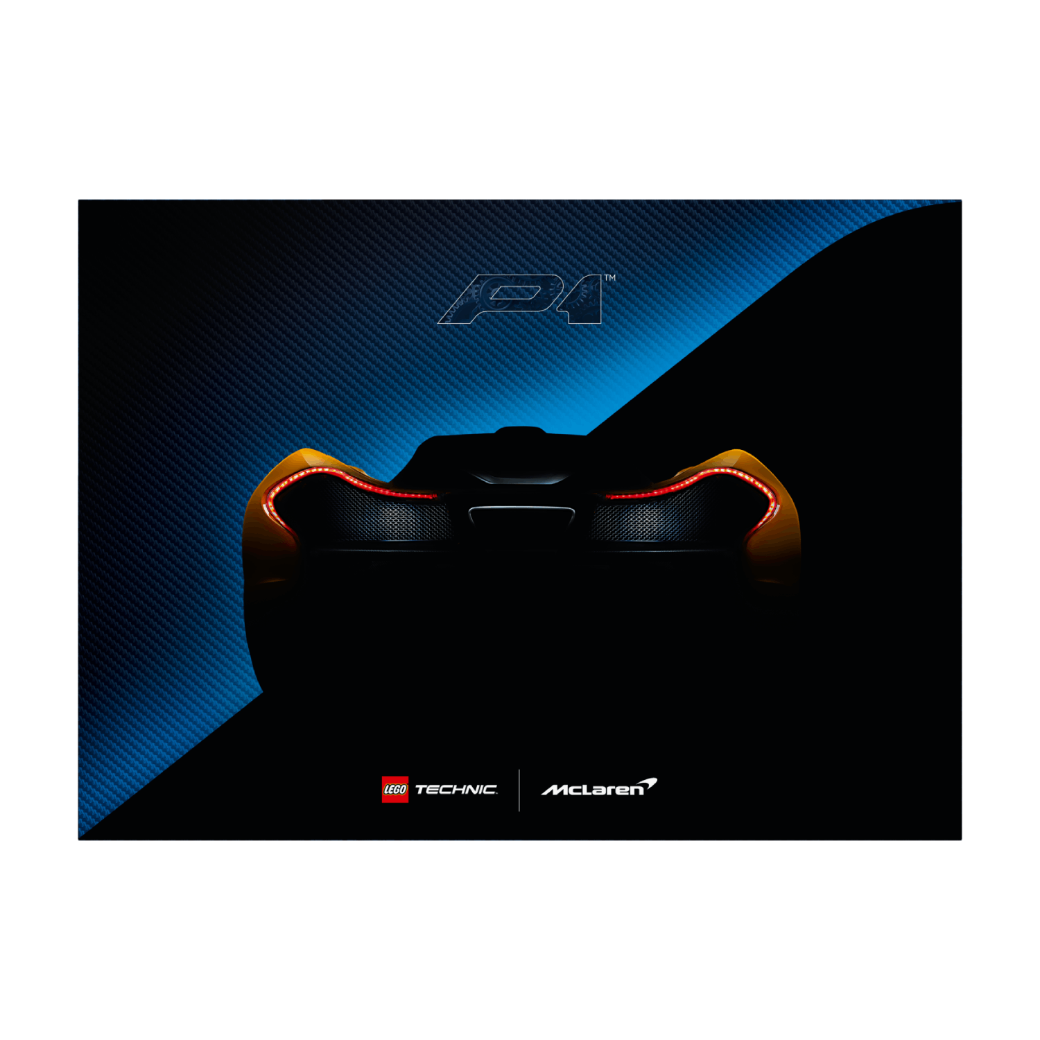 A dark image of the back of a yellow Lego Technic McLaren P1 car.