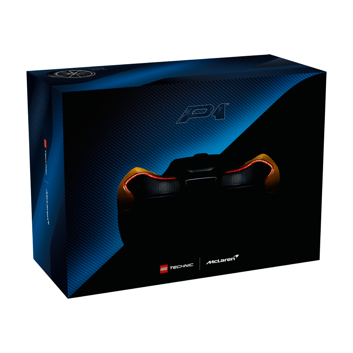 A Lego Technic McLaren P1 box set. The car's back is visible, with red lights.