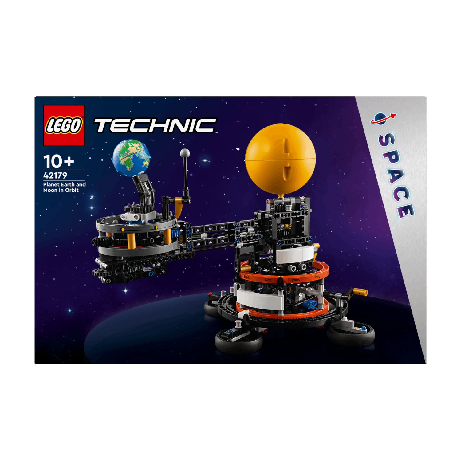Lego Technic box set of the solar system model, with a planet and sun. Space background.