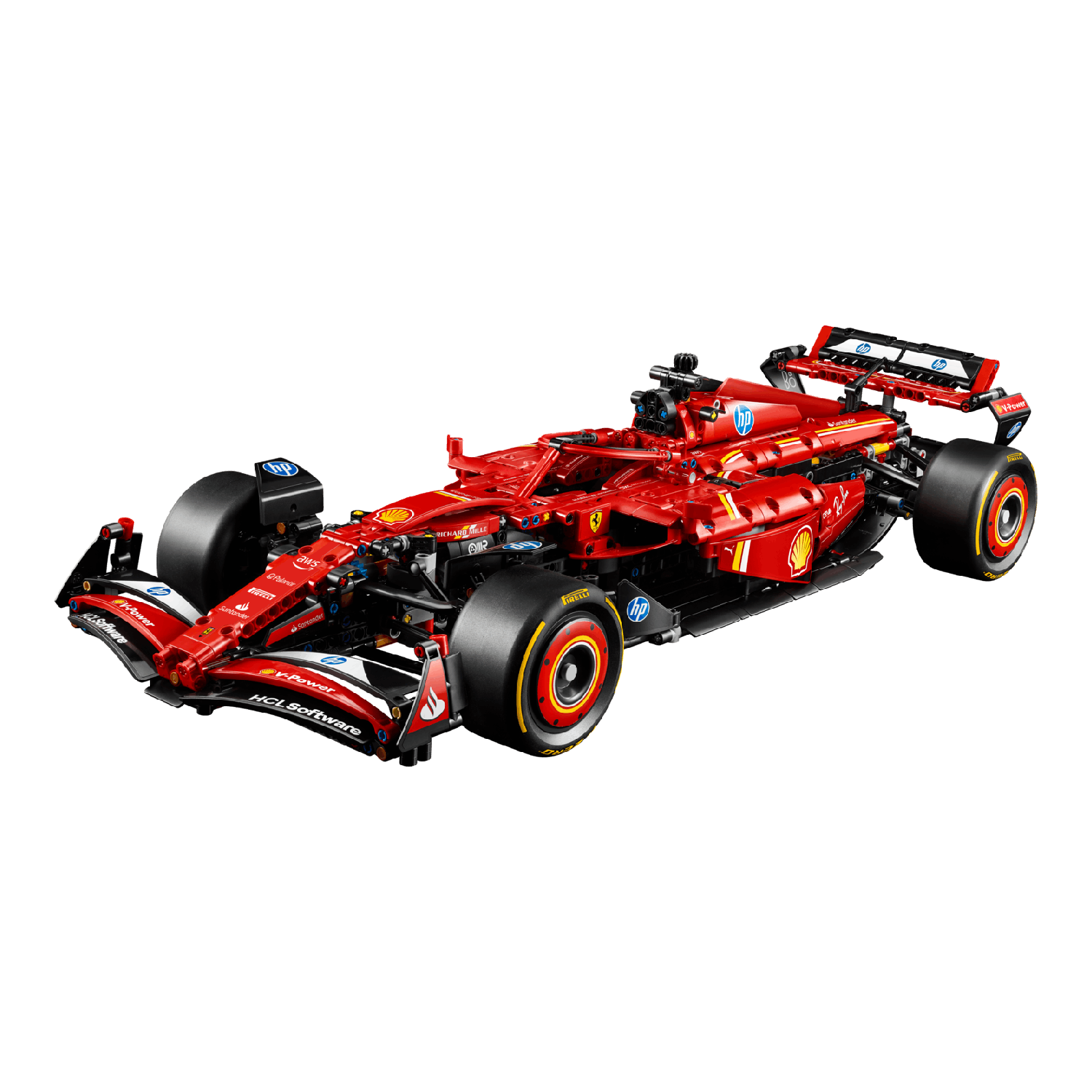 Rood Lego Ferrari raceauto model op zwarte achtergrond, gedetailleerd.