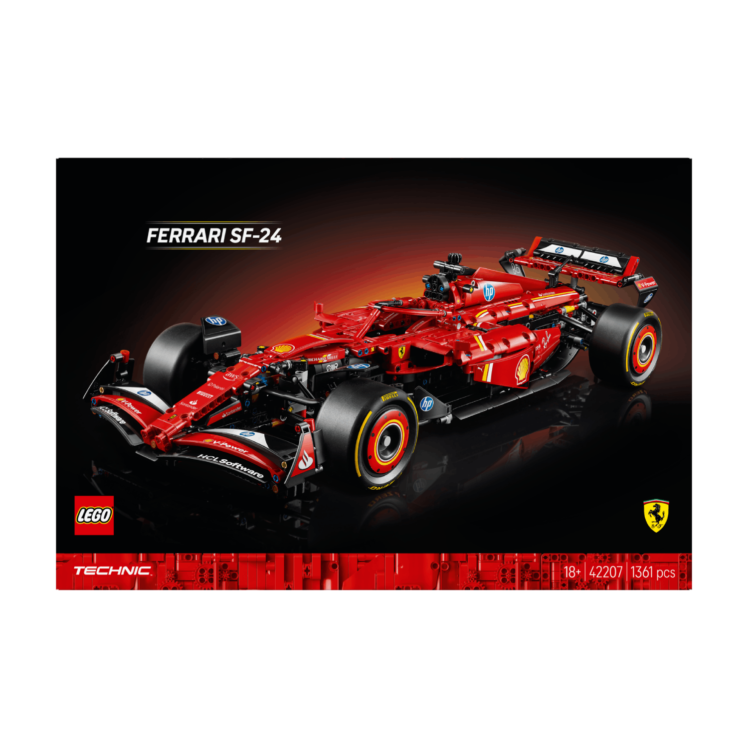Rood Lego Ferrari raceauto model op zwarte achtergrond, met tekst en logo.