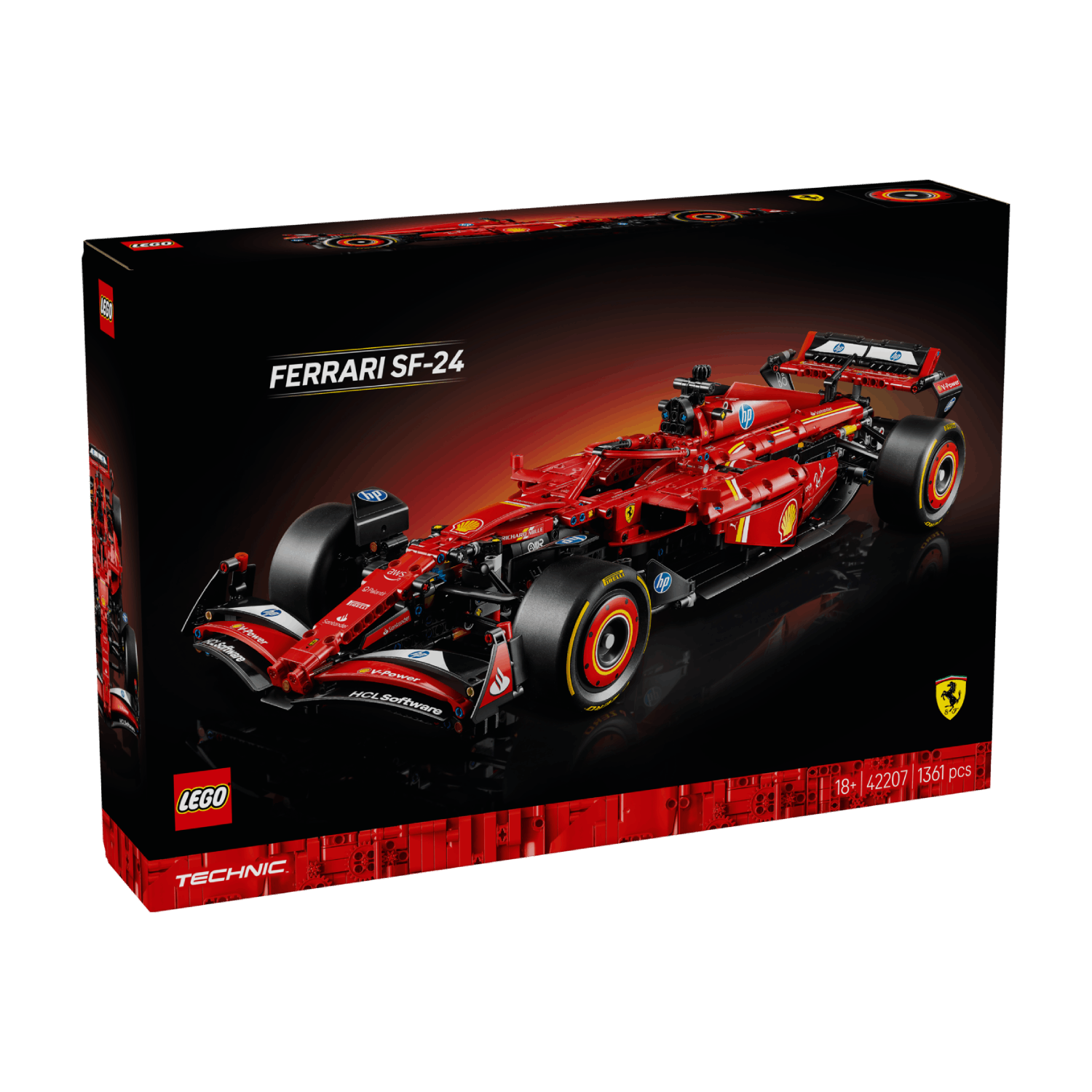 Lego doos met rood Ferrari raceauto model, op zwarte achtergrond.