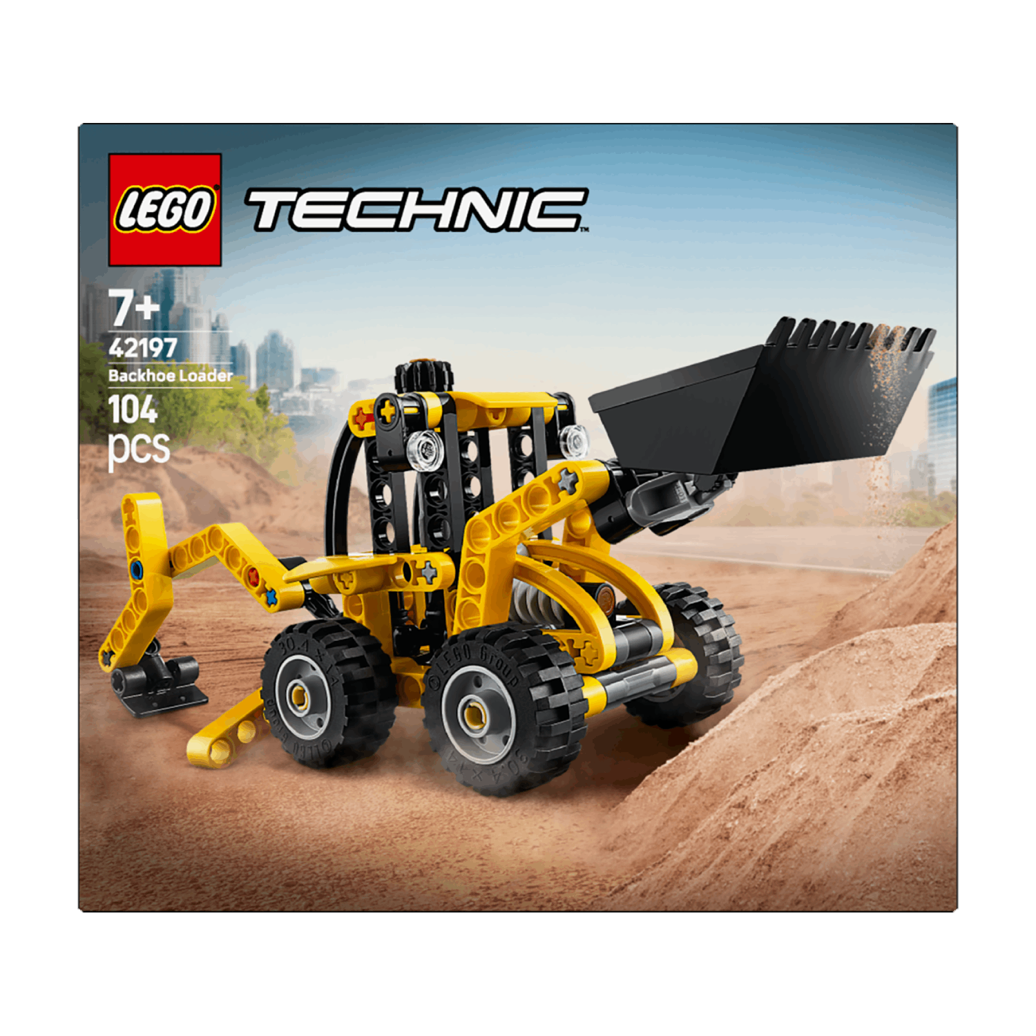 Lego box with yellow backhoe loader model on a white background.