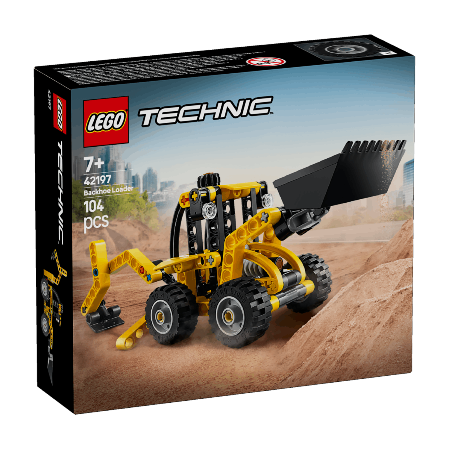 Lego box with yellow backhoe loader model on a white background.