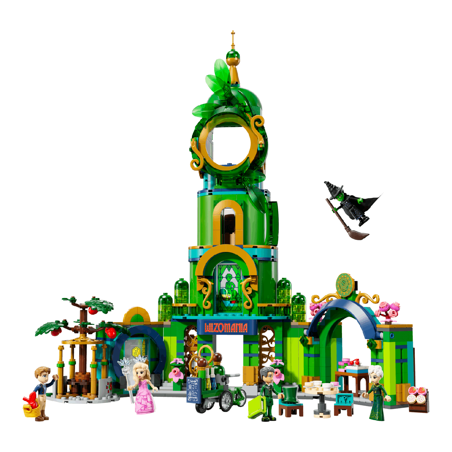 Lego set van een hoge groene toren, met figuren, een vliegende heks, en een bord met Mizomania.