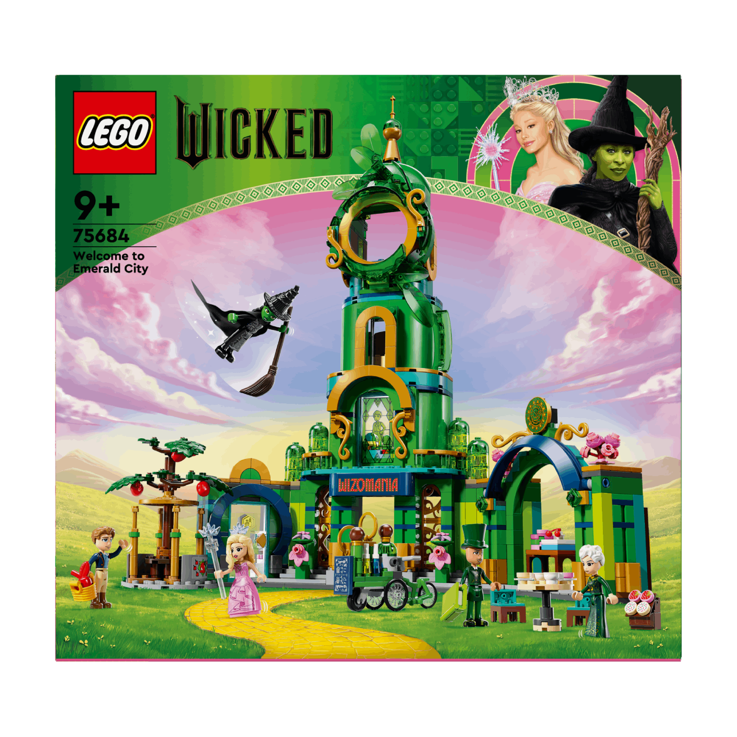 Lego doos met een hoge groene toren, figuren, een vliegende heks, en Wicked branding.