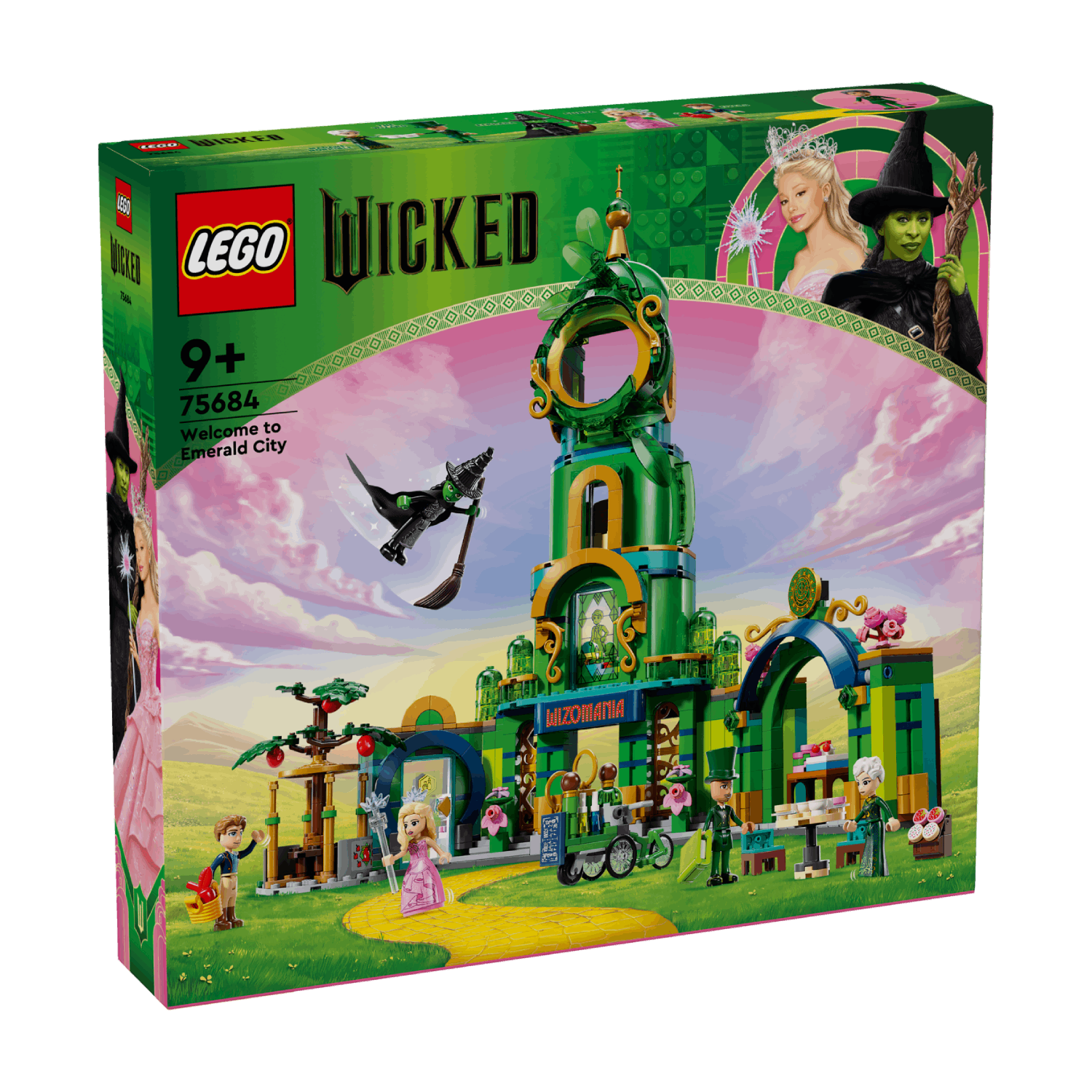 Schuine Lego doos met een hoge groene toren, figuren, een vliegende heks, en Wicked branding.