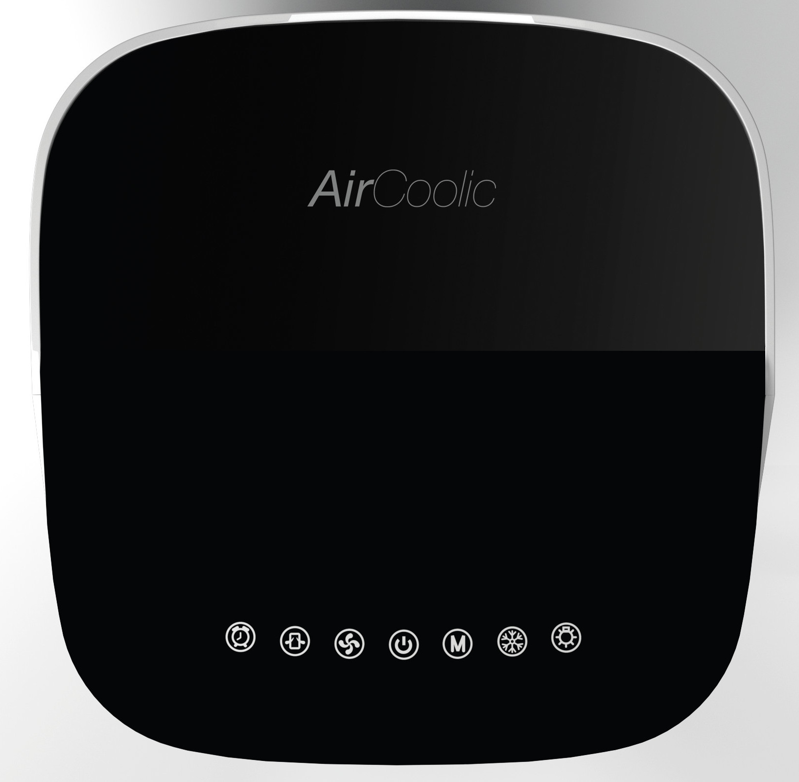 Widok z góry na chłodziarkę powietrza AirCoolic. Czarna powierzchnia z przyciskami sterowania: zasilanie, wentylator, tryb i ustawienia.
