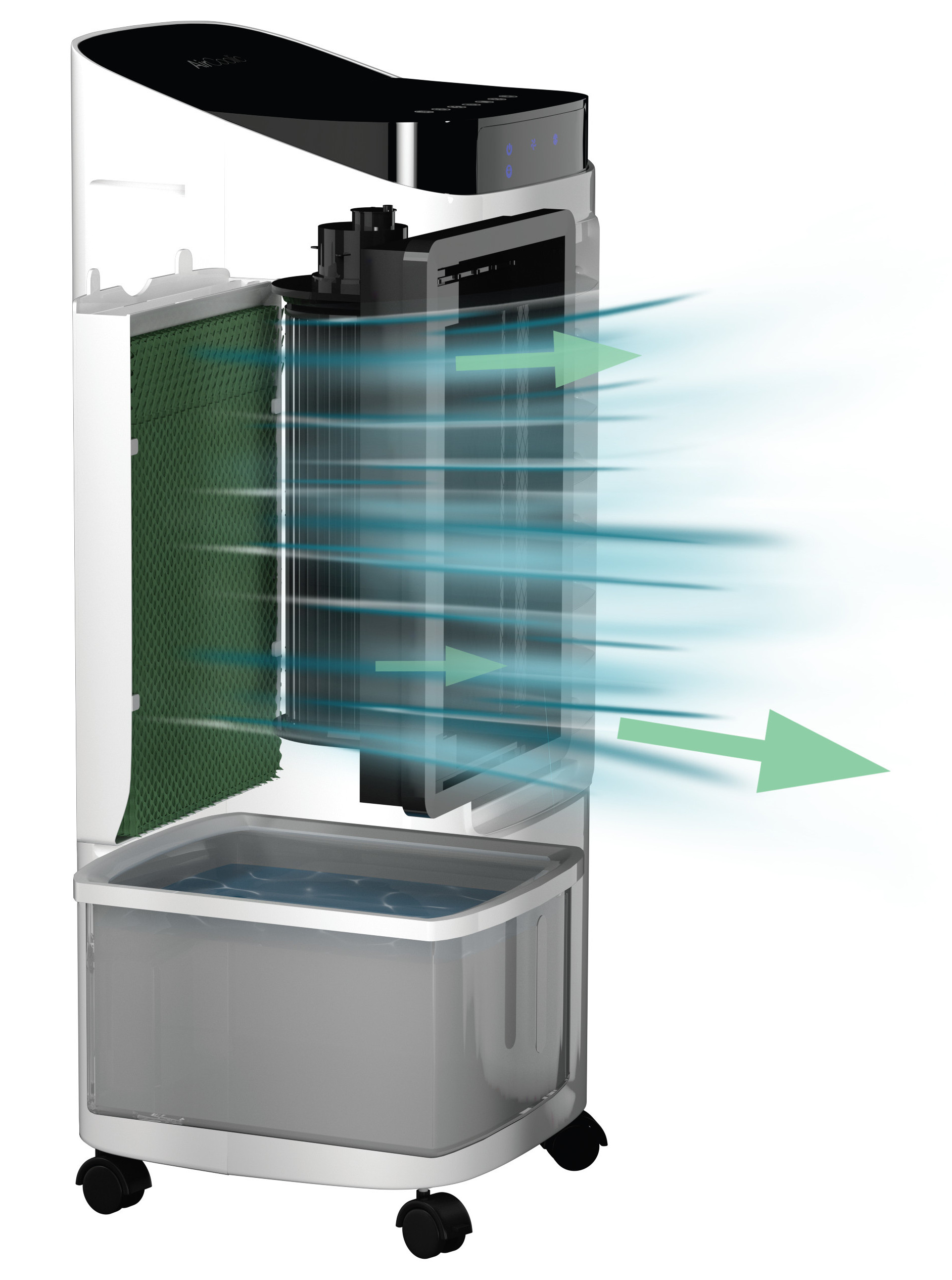 Widoczne są wewnętrzne elementy chłodziarki powietrza, pokazujące zbiornik na wodę i system chłodzenia.