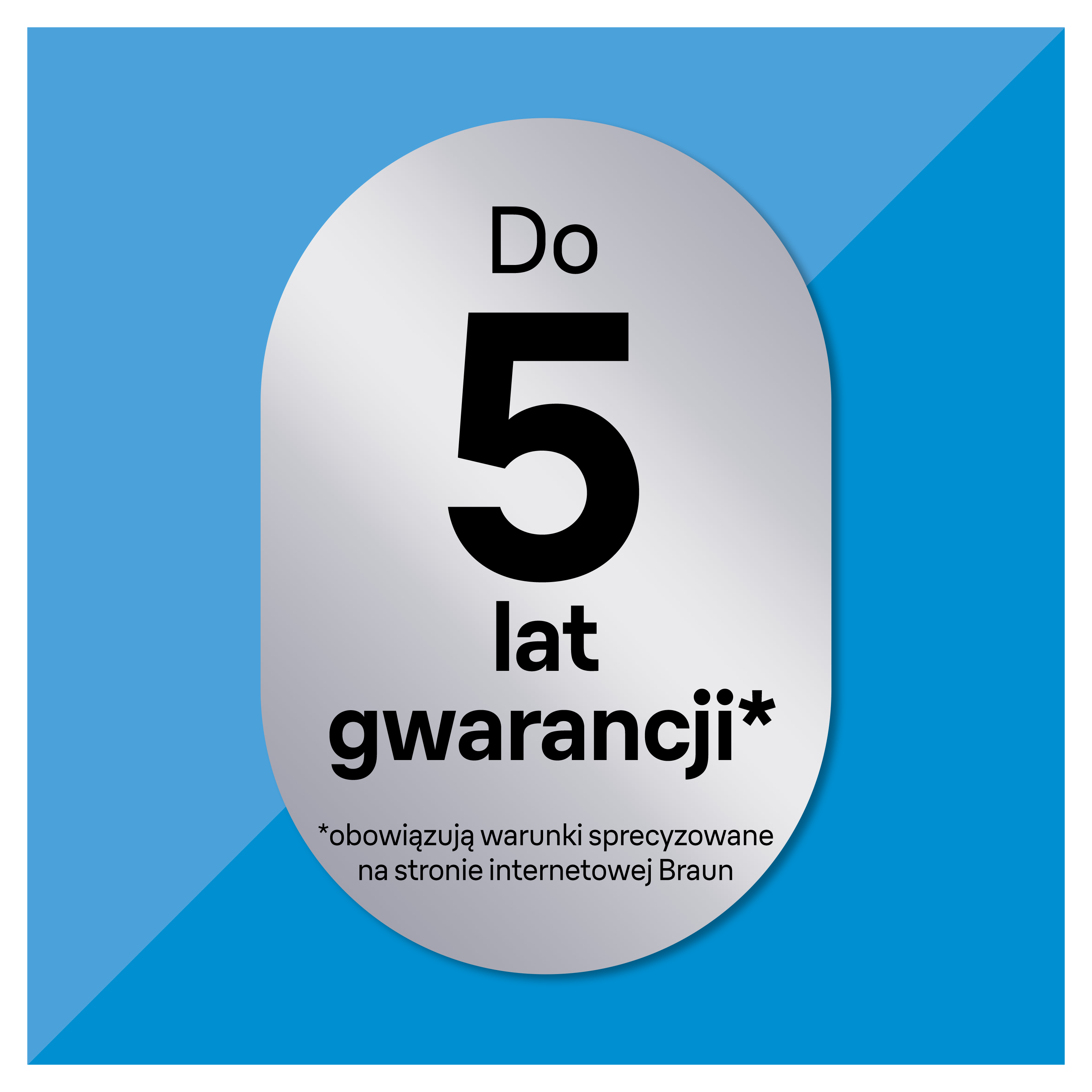 Srebrny owal pokazuje tekst 'Do 5 lat gwarancji'.