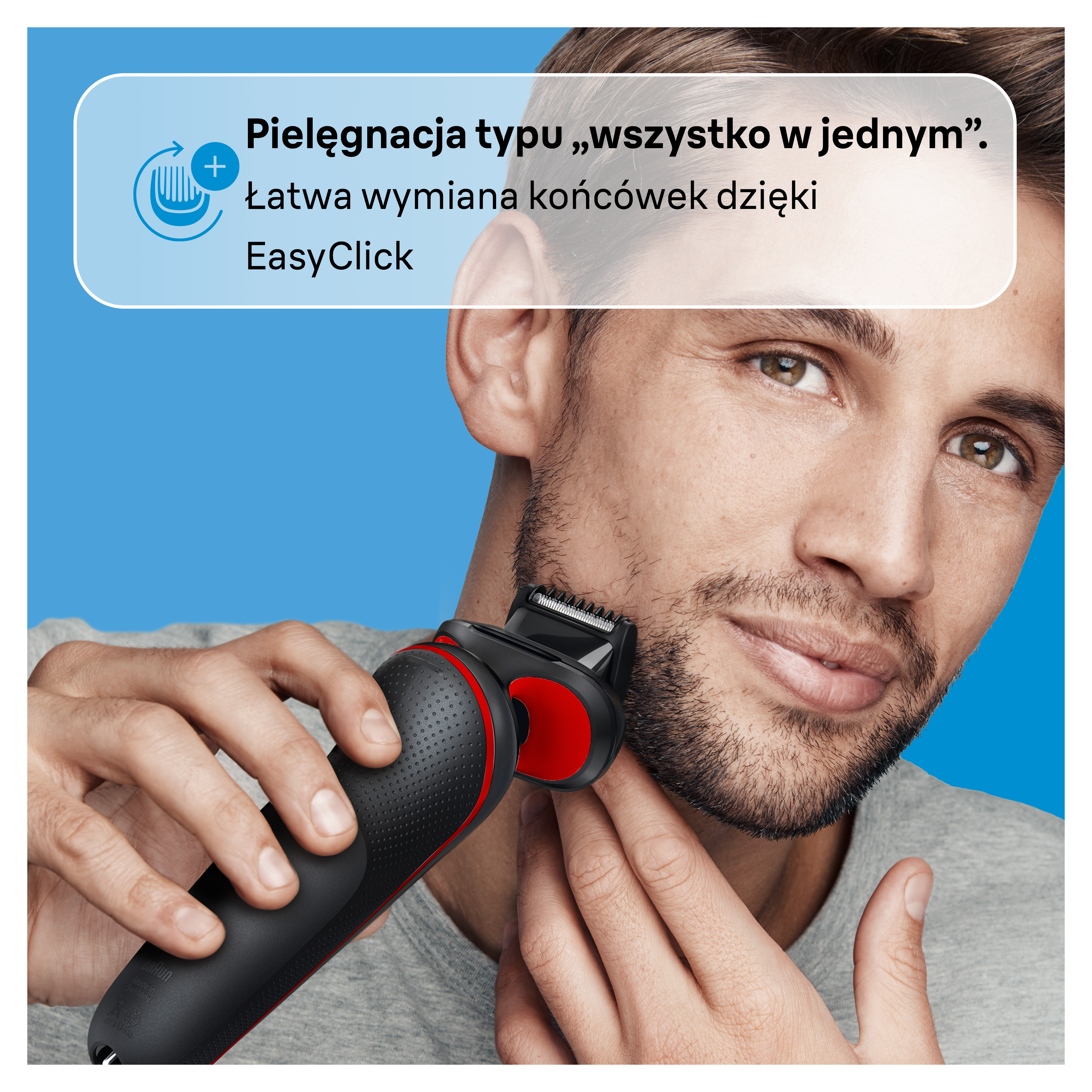 Mężczyzna goli brodę czarno-czerwoną golarką. Tekst: Pielęgnacja typu all-in-one.