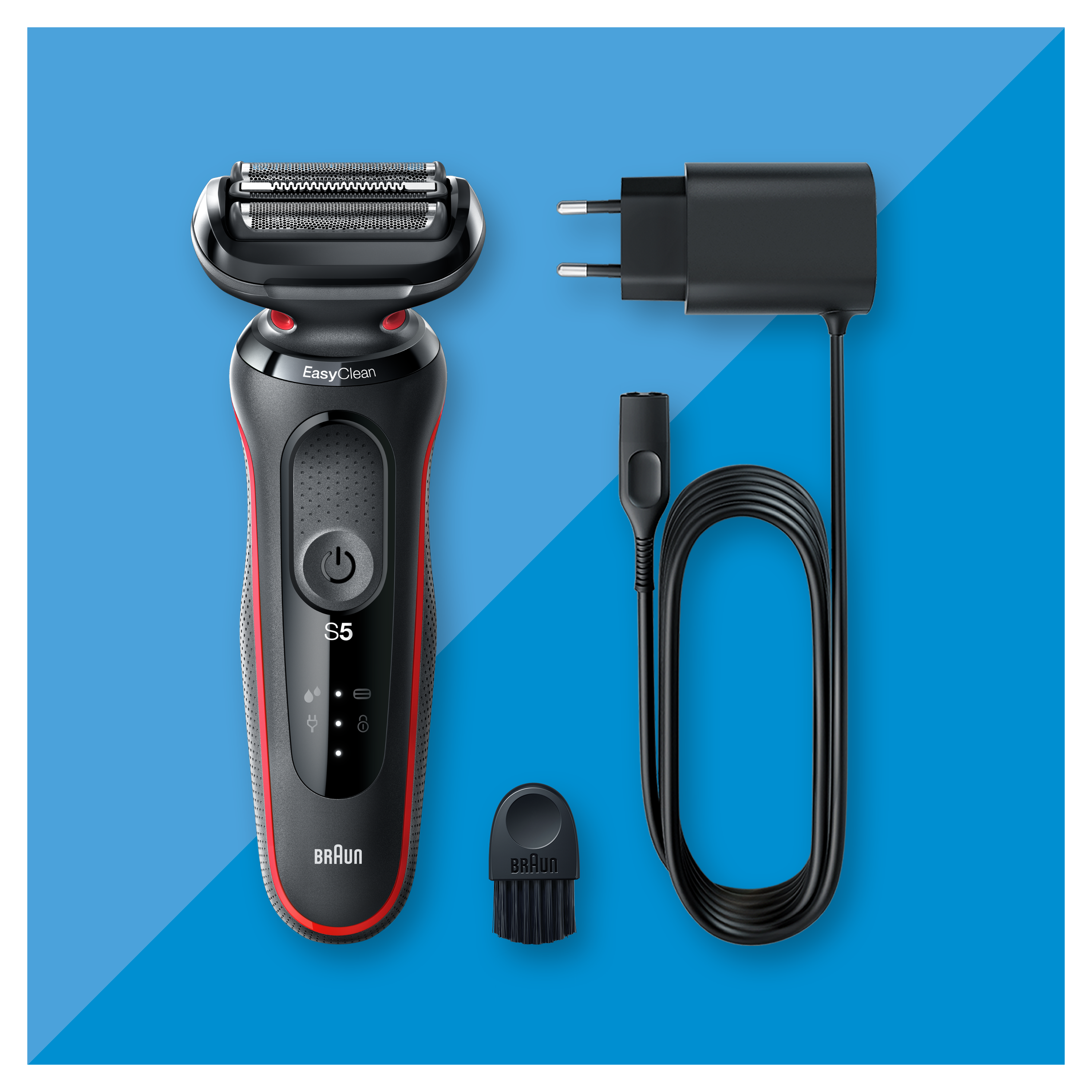 Czarno-czerwona golarka elektryczna, szczotka i ładowarka na niebieskim tle.