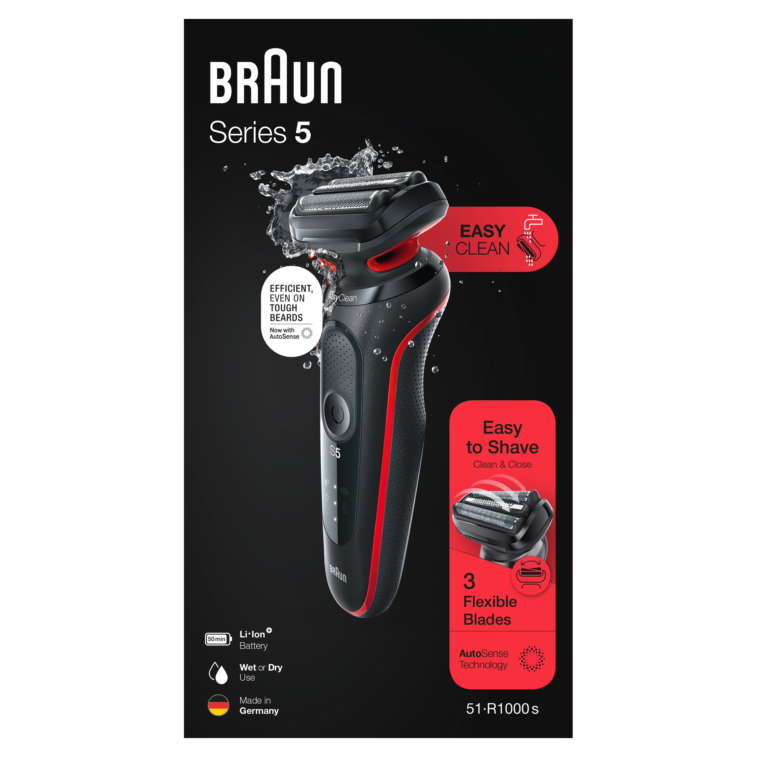 Zdjęcie produktu golarki Braun Series 5. Czarno-czerwony design z tekstem. Łatwe golenie.