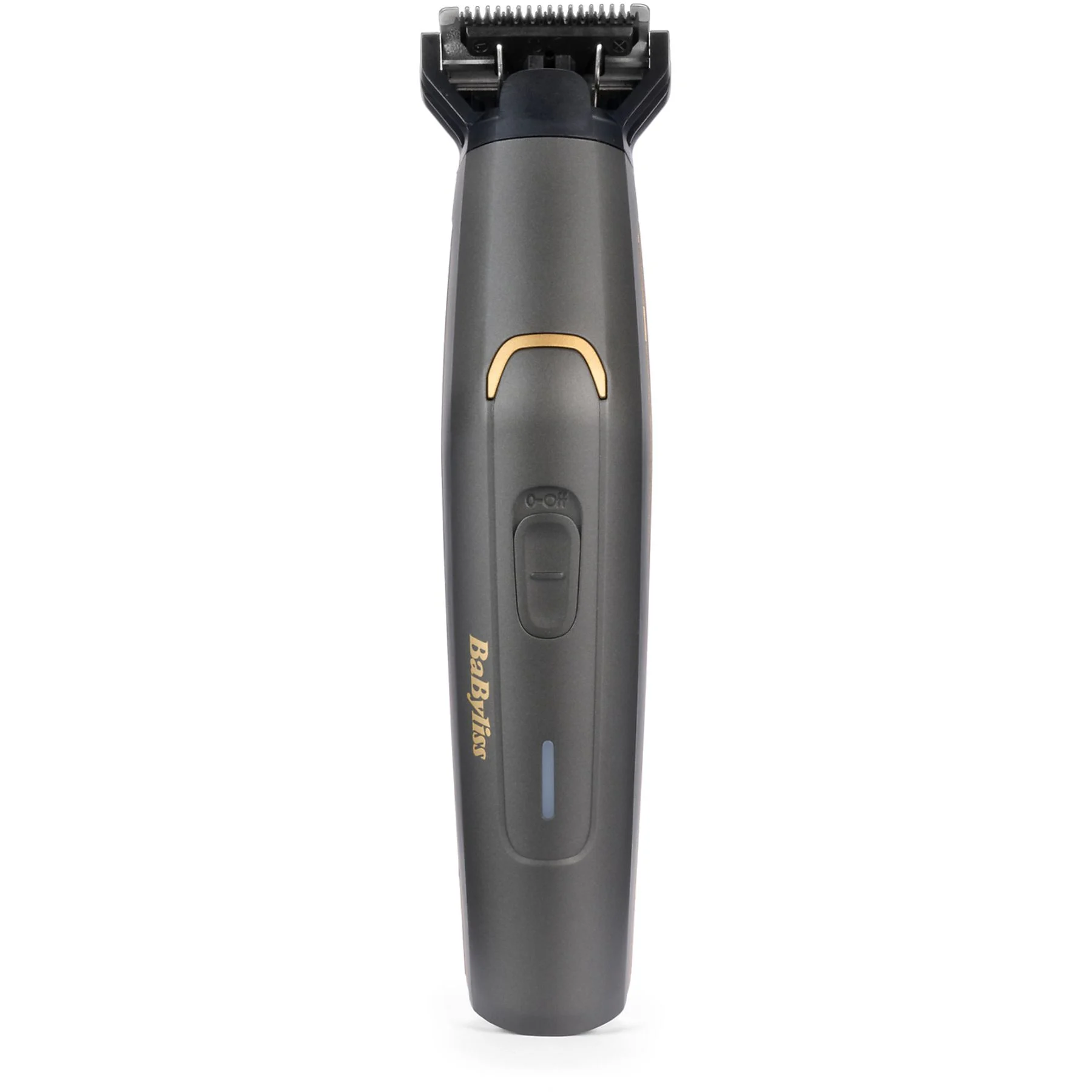 Czarna i złota maszynka do strzyżenia Babyliss z widocznym przyciskiem włącz/wyłącz.