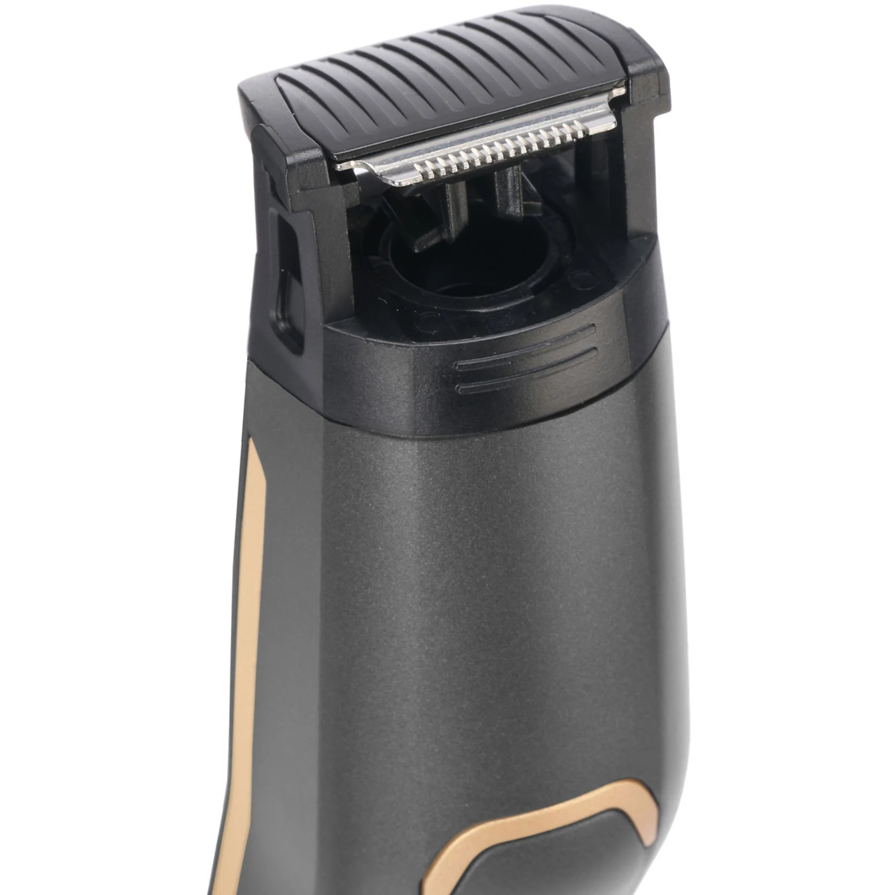 Zbliżenie głowicy trymera, pokazujące ostrza i mechanizm tnący.