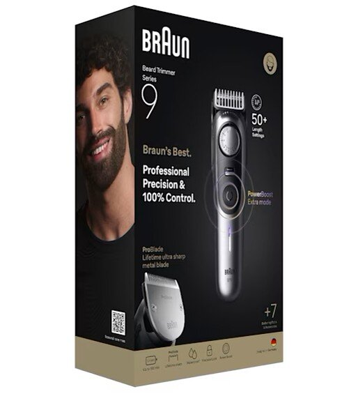 Pudełko trymera do brody Braun z twarzą mężczyzny, trymerem i widocznymi akcesoriami.