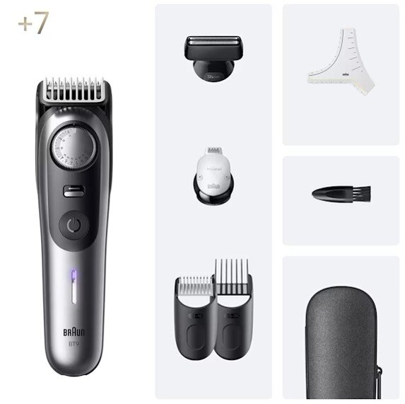 Trymer do brody Braun i akcesoria na białym tle. Zawiera głowice trymera i etui.