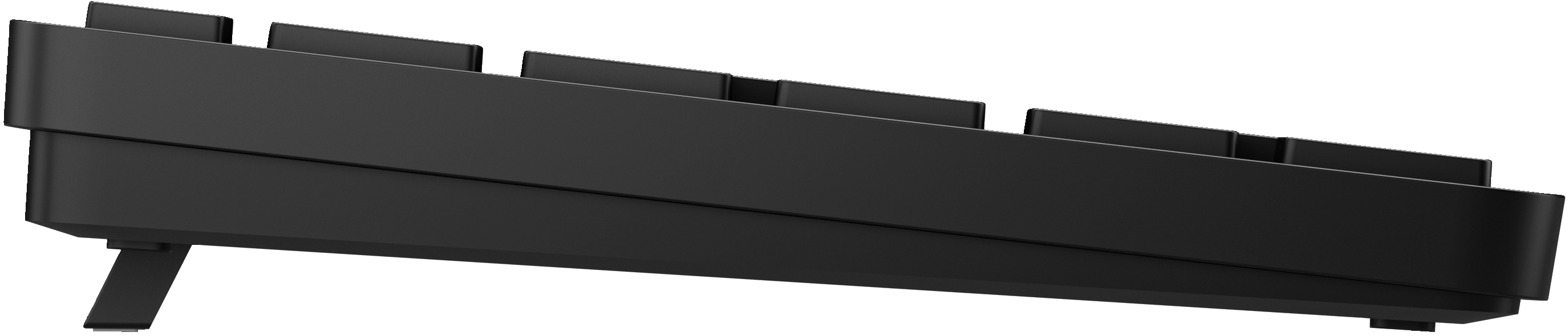 Eine schwarze Tastatur von der Seite, die die Neigung der Tasten und die Füße zeigt.