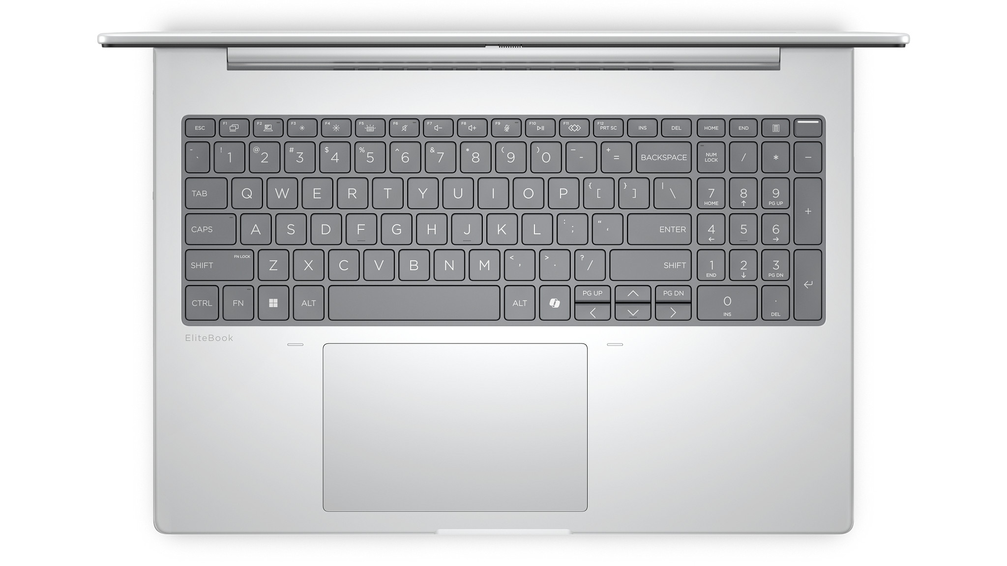 Laptop, Draufsicht, silberfarben, Tastatur sichtbar, weißer Hintergrund.