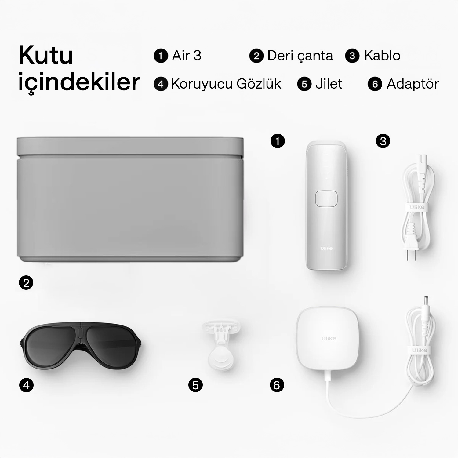 Bir ürün kitinden öğeler: bir cihaz, şarj kablosu, gözlük, tıraş makinesi.