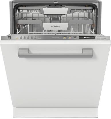 Açık kapılı beyaz bulaşık makinesi. Miele markası üstte ve kontrol panelinde görünür.
