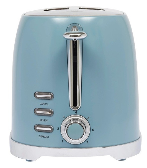 Toster w kolorze turkusowym, widok z przodu. Posiada przyciski, pokrętło i dźwignię.