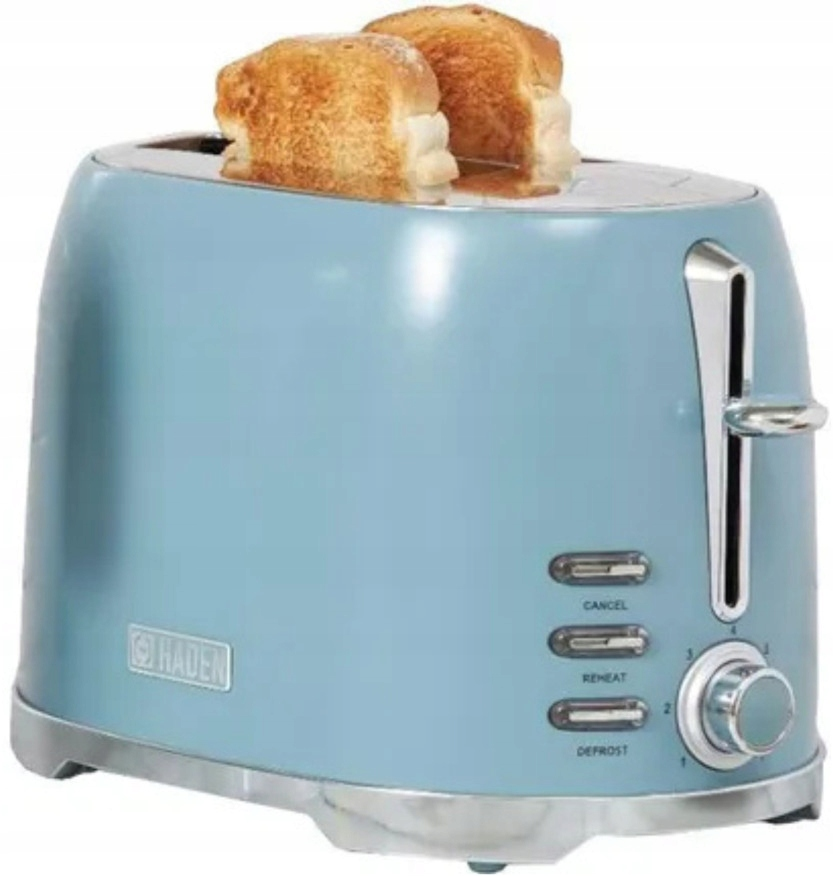 Toster w kolorze turkusowym z dwoma tostami. Posiada przyciski i pokrętło.