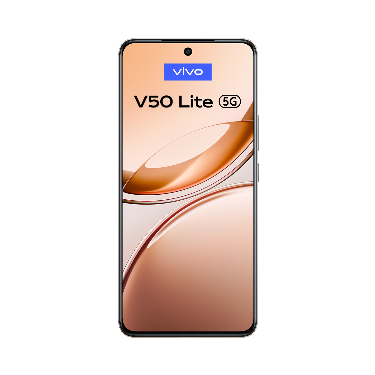 Ekranında bir girdap ve "V50 Lite 5G" yazan altın rengi bir telefon.