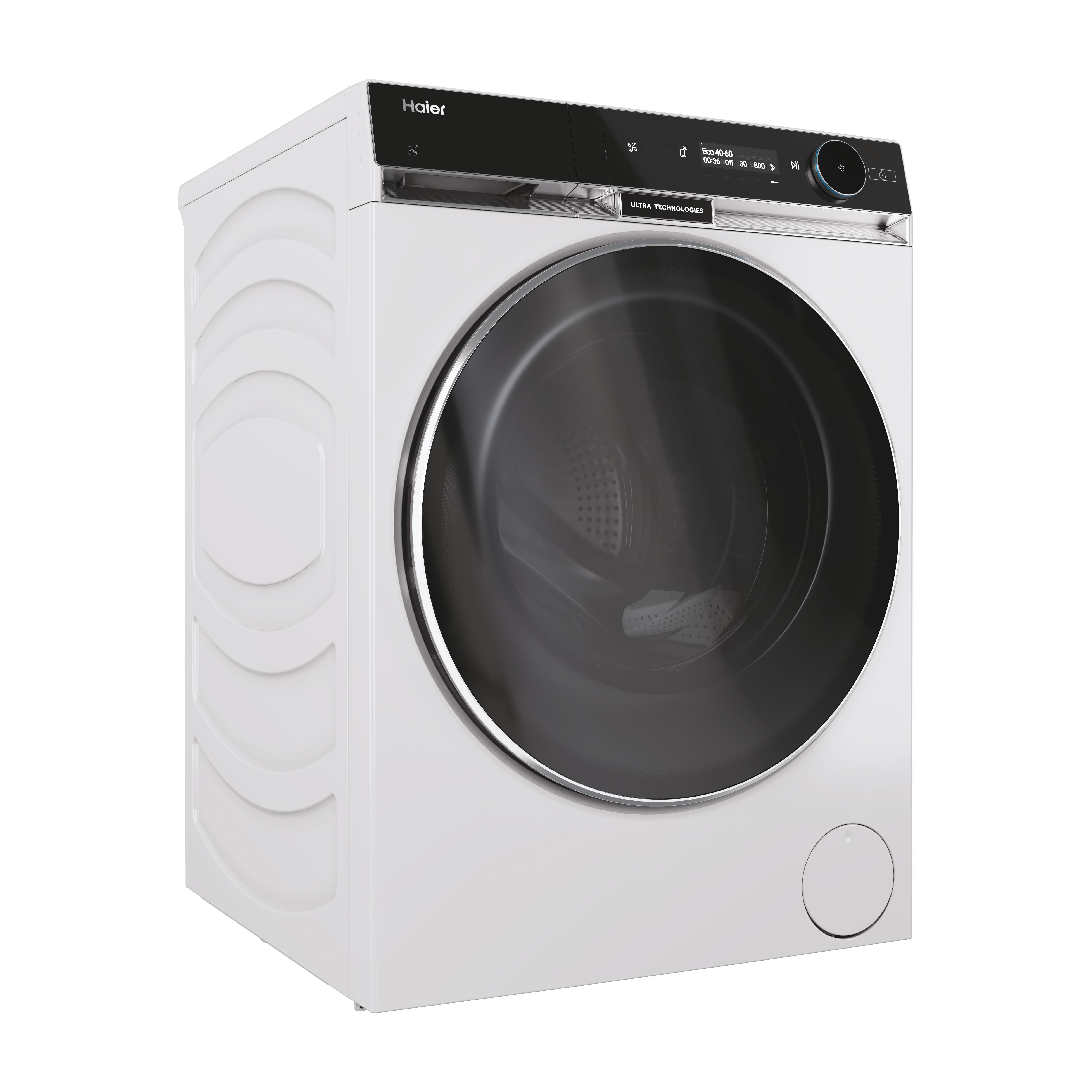 Eine weiße Haier Waschmaschine mit schwarzer Tür, Produktdetails und Text zu den Funktionen.