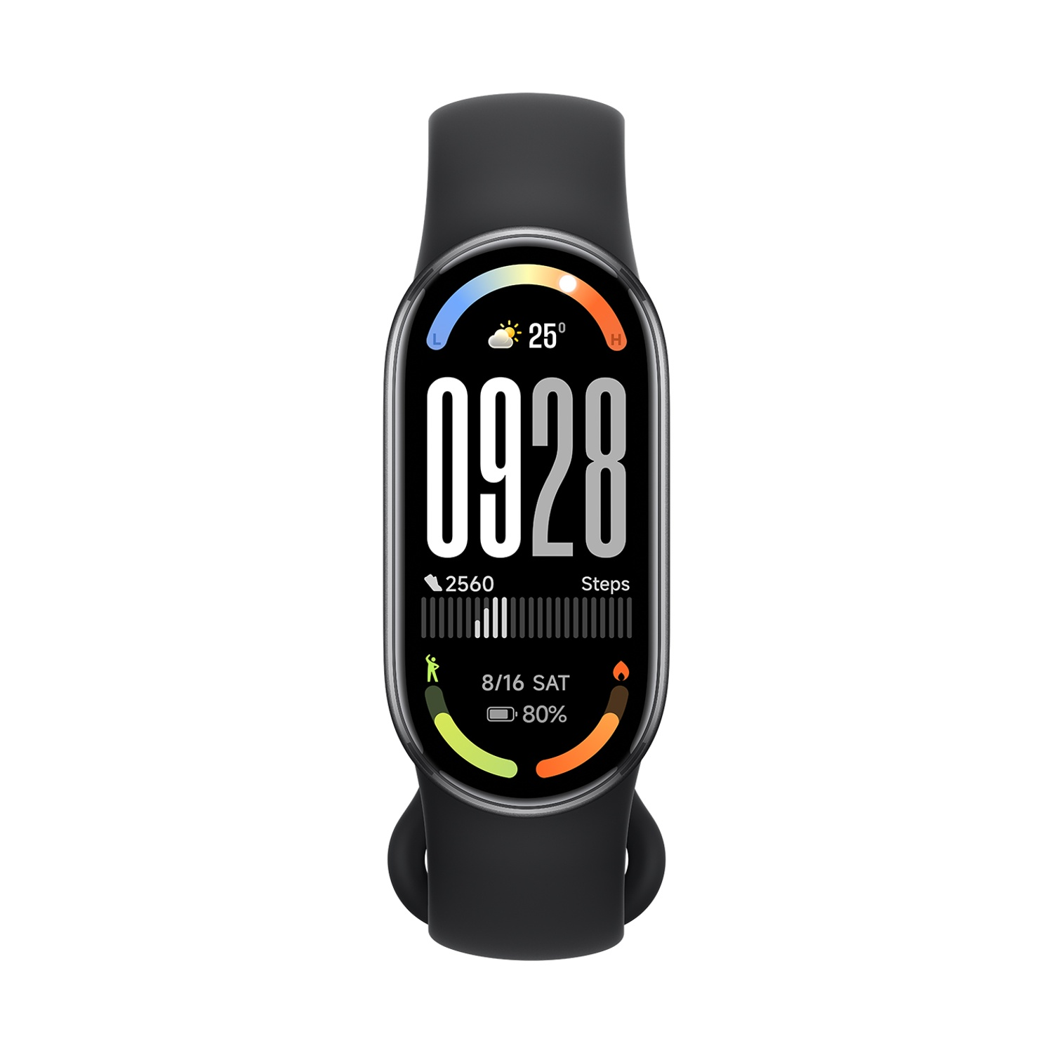 Smartwatch nero. Visualizza ora, data, passi e percentuale della batteria. Cinturino nero attaccato.