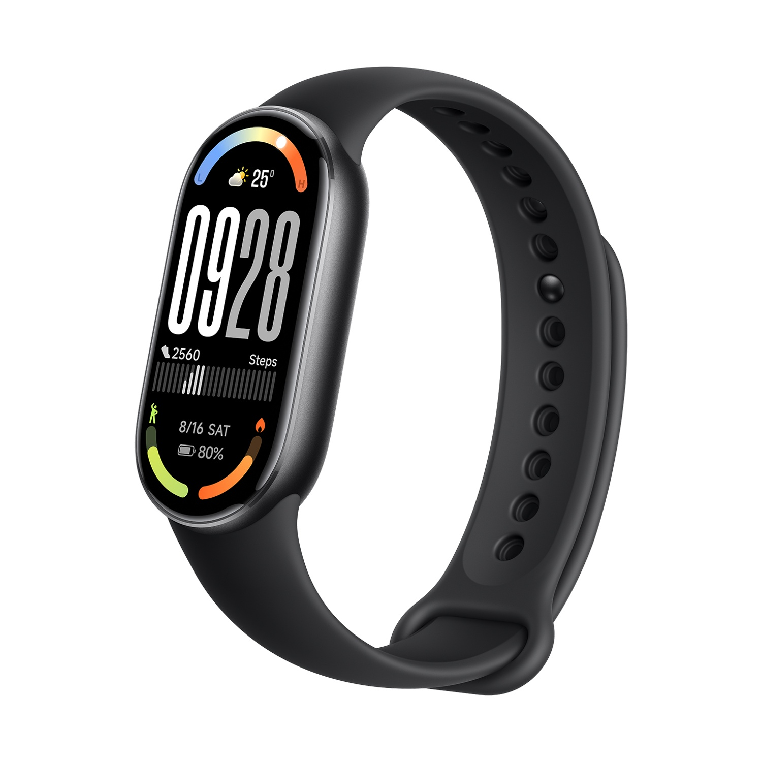 Smartwatch nero. Visualizza ora, data, passi e percentuale della batteria. Cinturino nero attaccato.