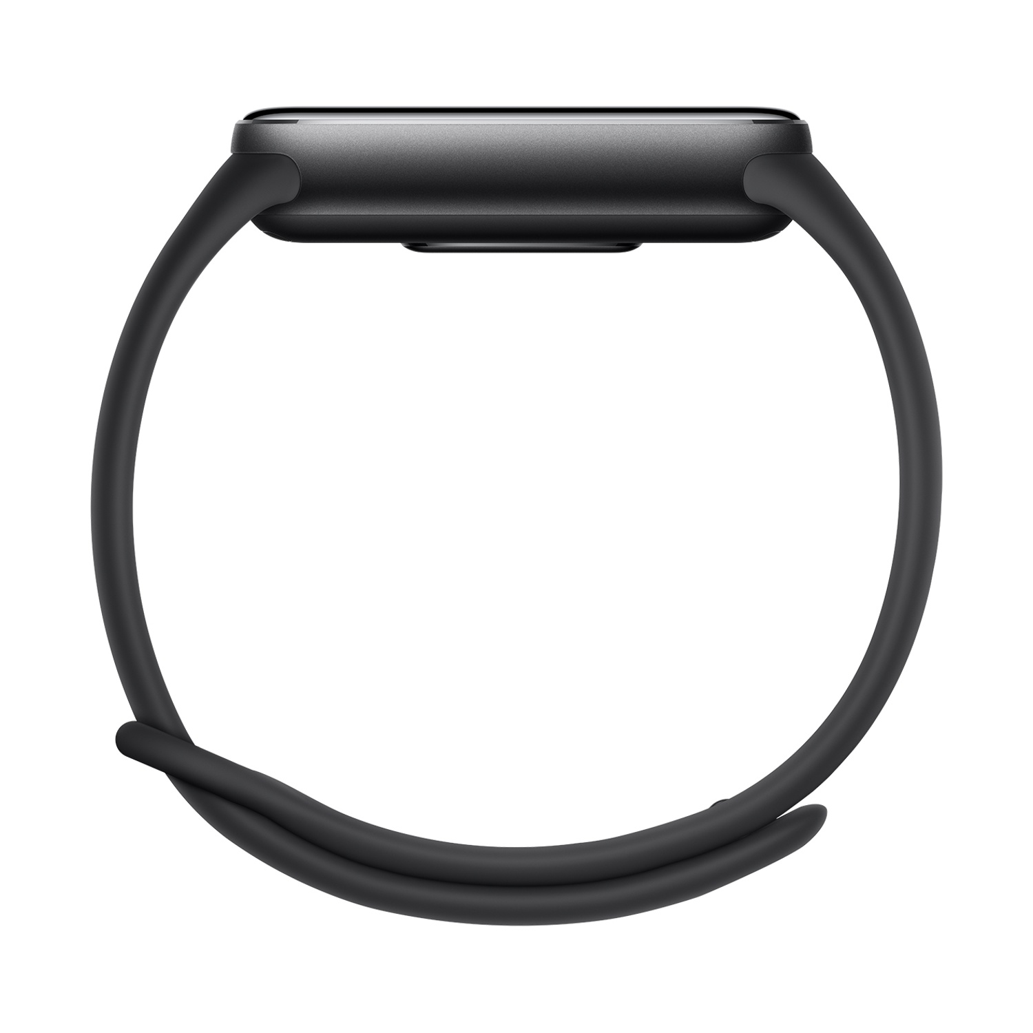 Cinturino per smartwatch nero, vista laterale. Il cinturino ha una forma arrotondata, con fori per le regolazioni.
