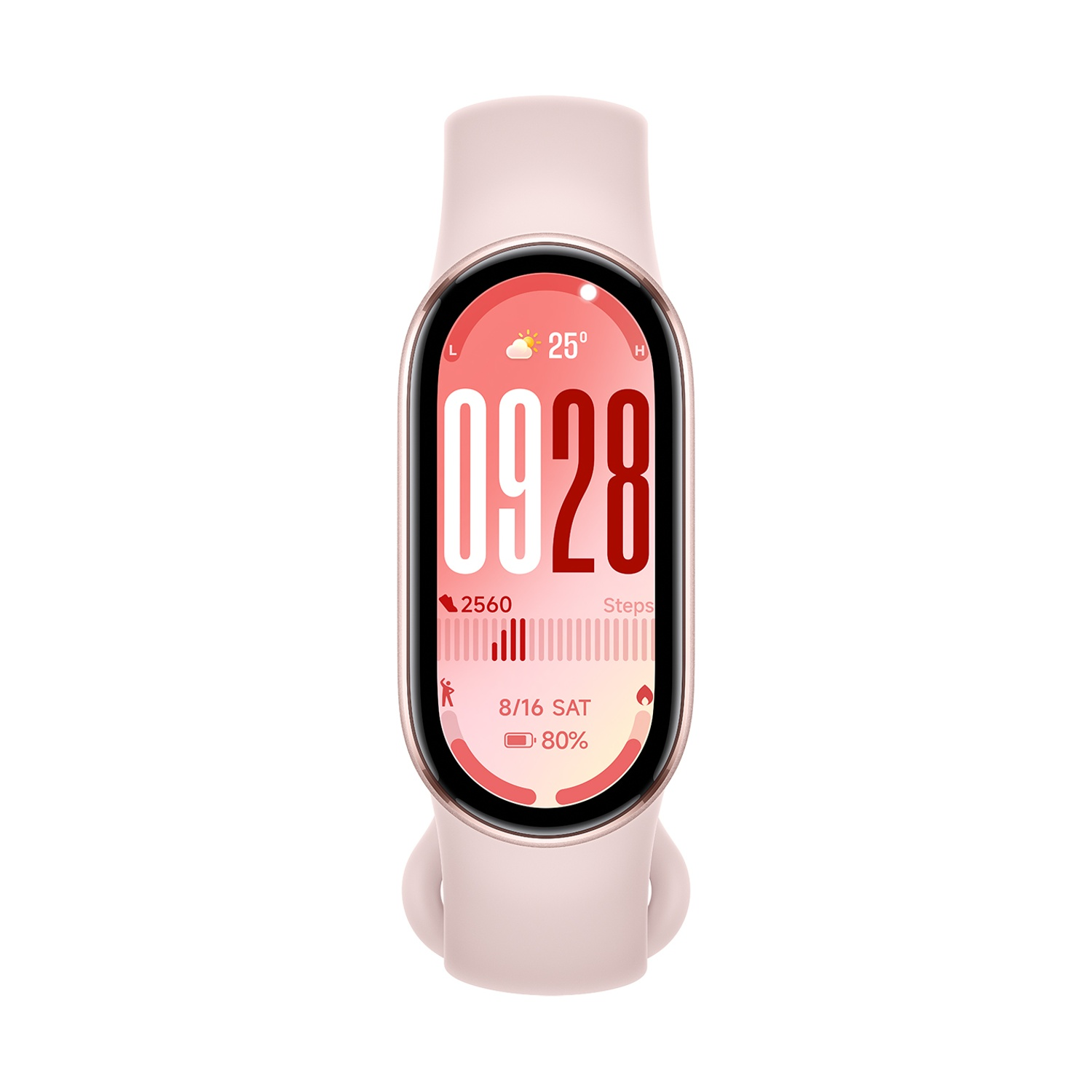 Smartwatch rosa con display digitale che mostra ora, passi e batteria.