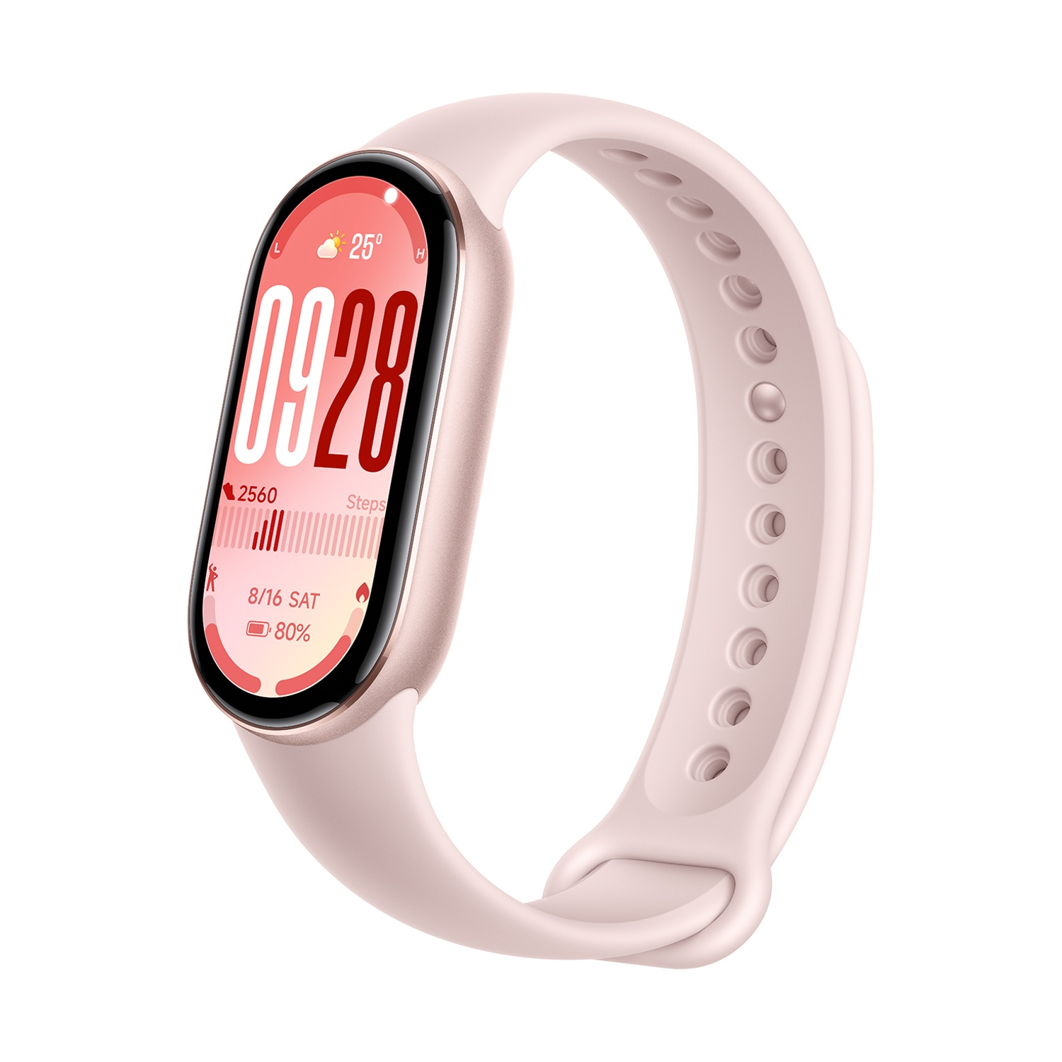 Smartwatch rosa con schermo curvo, mostra ora, passi, batteria e data.