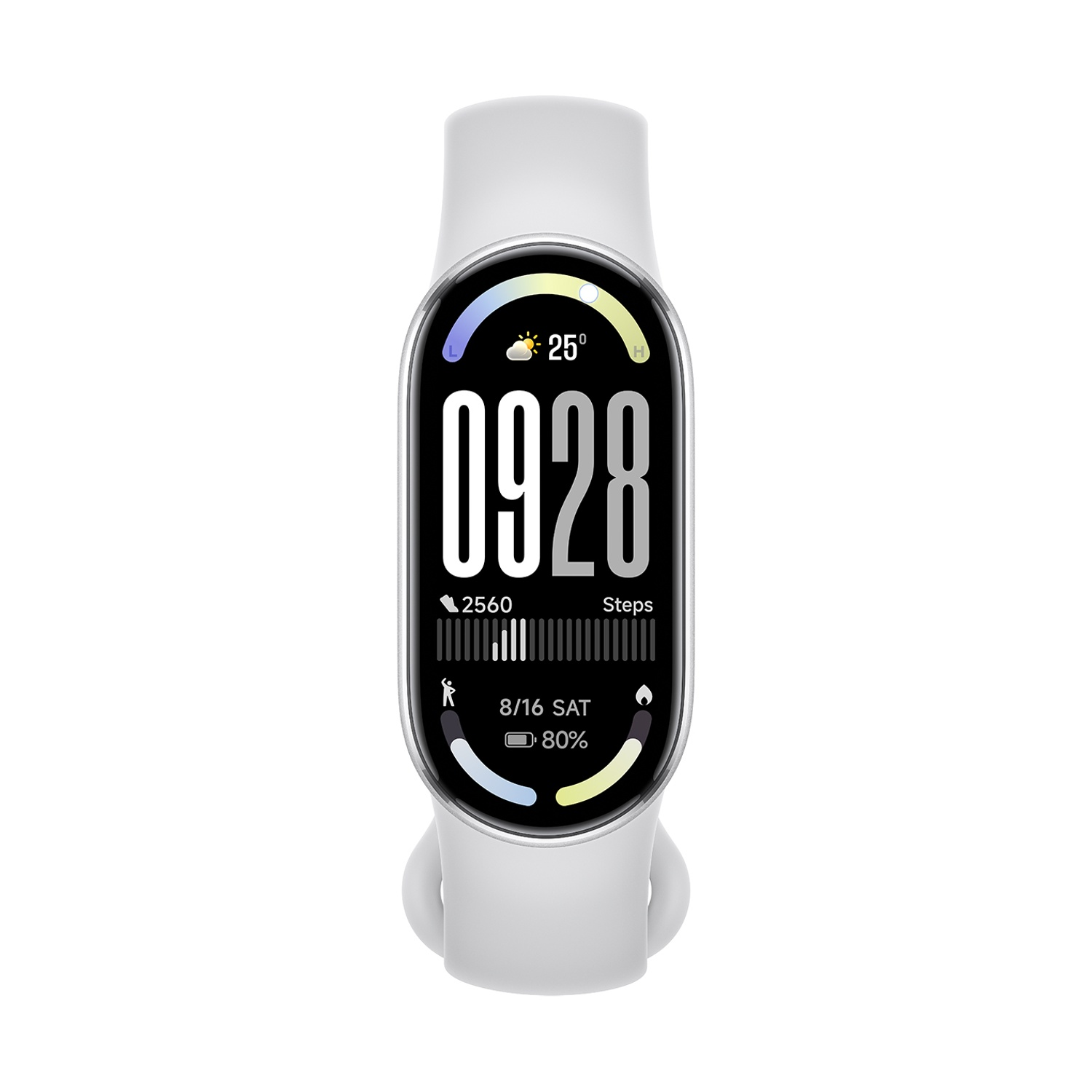 Smartwatch bianco con schermo curvo, mostra ora, passi, batteria e data.