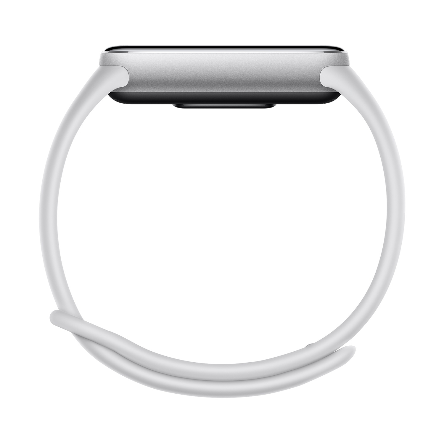 Smartwatch bianco. Il cinturino avvolge il quadrante, vista laterale.
