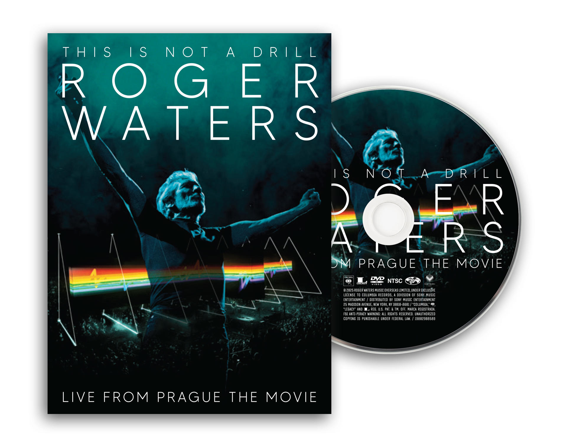DVD-Cover: Roger Waters mit hochgestreckten Armen, DVD und Hülle. Text: 'This is Not a Drill', 'Live from Prague'.