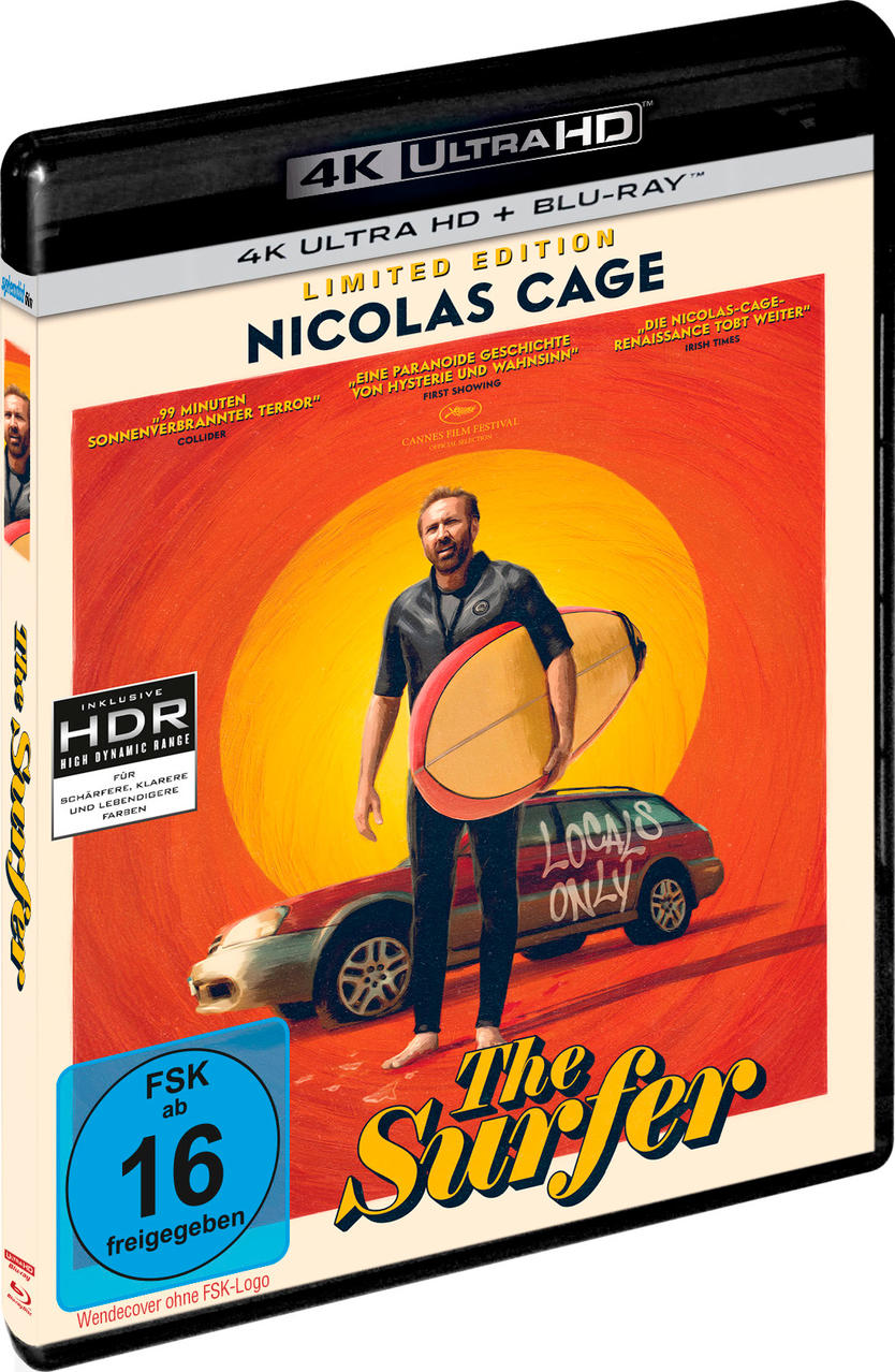 4K Blu-ray-Cover: Nicolas Cage mit Surfbrett, Auto und Filmtitel 'The Surfer'.