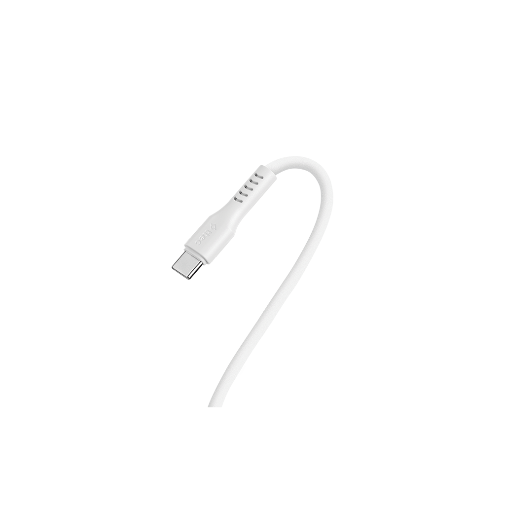 Siyah bir arka plan üzerinde sol tarafta konektör bulunan beyaz bir USB-C kablosu.