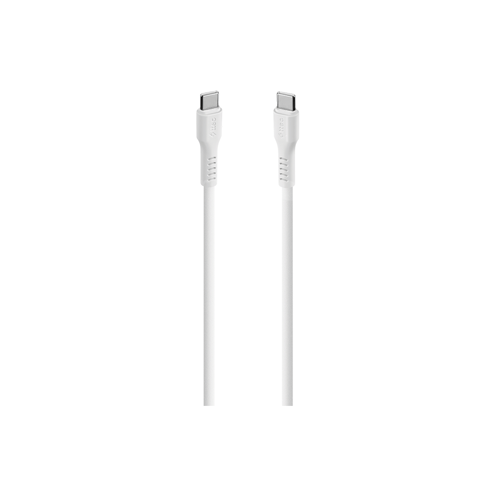 Siyah bir arka plan üzerinde yan yana iki beyaz USB-C kablosu.